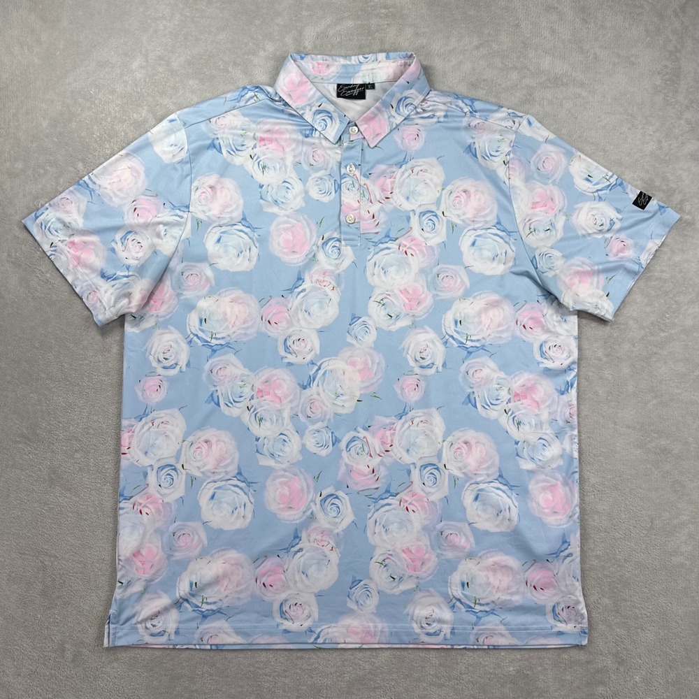 Sunday Swagger Polo Shirt Mens XL Blue Pink Floral Rose Performance Golf Stretch